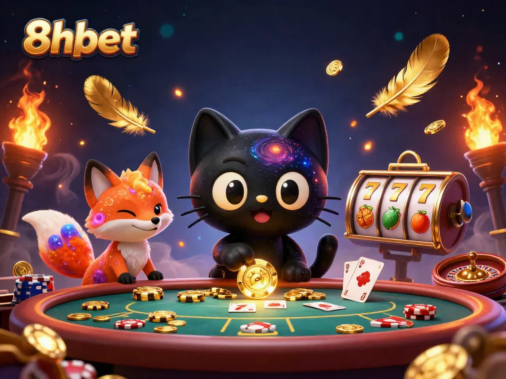 Engage with 8xbet casino visuals featuring a cosmic cat, colorful gas fox, gold chips, and dynamic gaming elements.