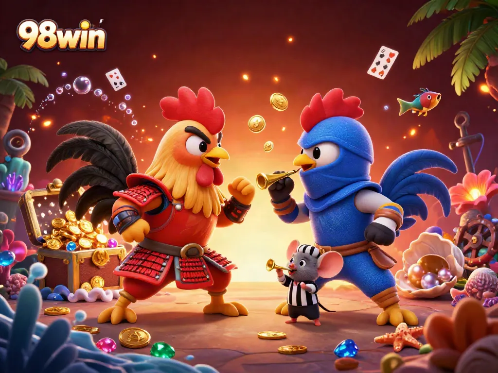 Experience the thrill of 98win with dynamic casino-themed roosters battling amidst gold coins and gems.