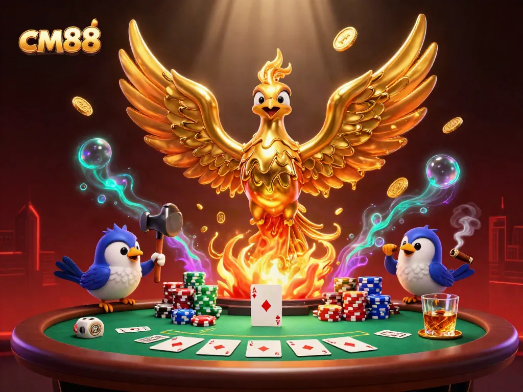Experience thrilling gameplay at cm88 with a molten gold phoenix symbolizing luck and fortune amid a vibrant poker scene.