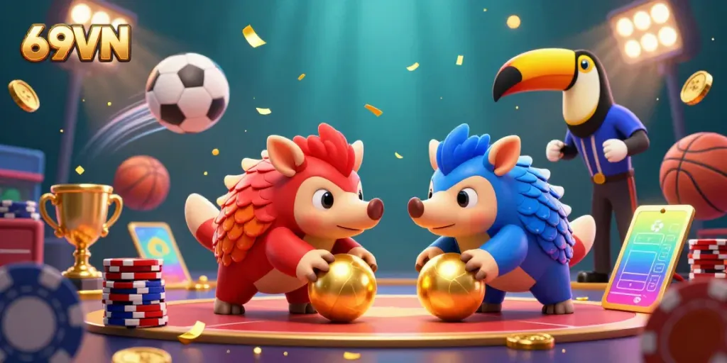 Experience thrilling gameplay with 69VN's vibrant illustration featuring pangolins bowling through poker chips.