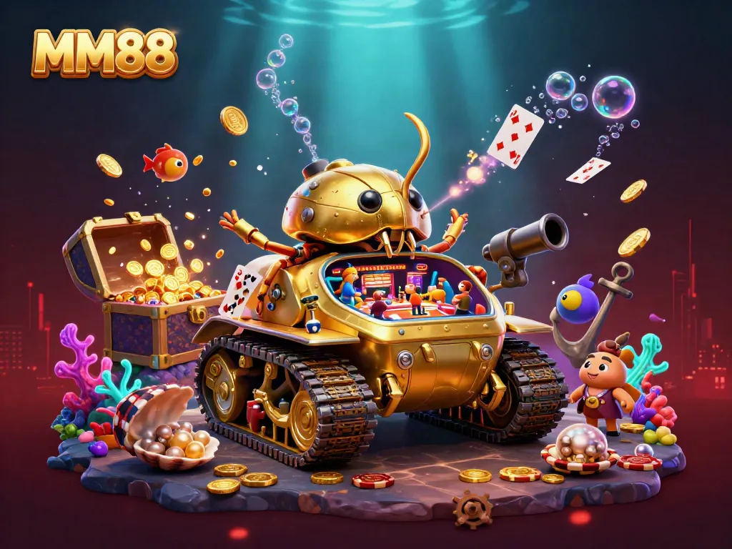 Experience the excitement of MM88 with a golden beetle tank casino scene brimming with rich details.