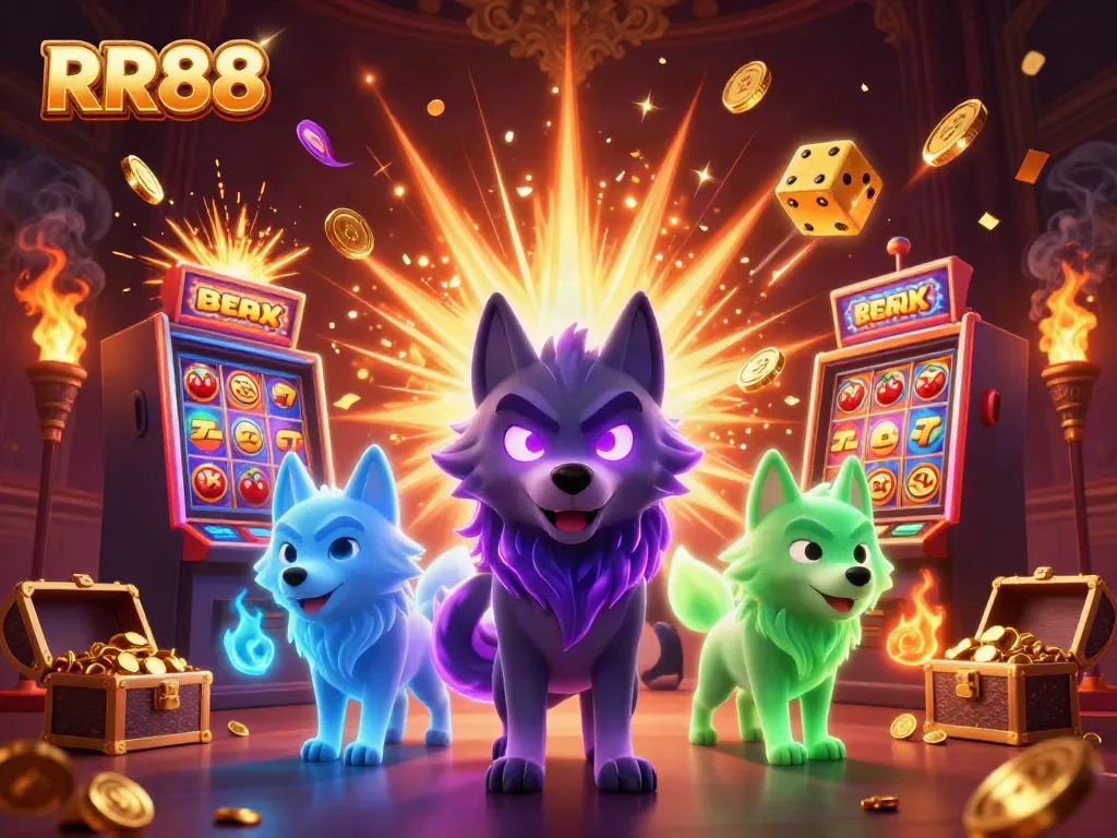 Experience the thrilling RR88 casino scene with vivid characters, slot machines, and festive elements.