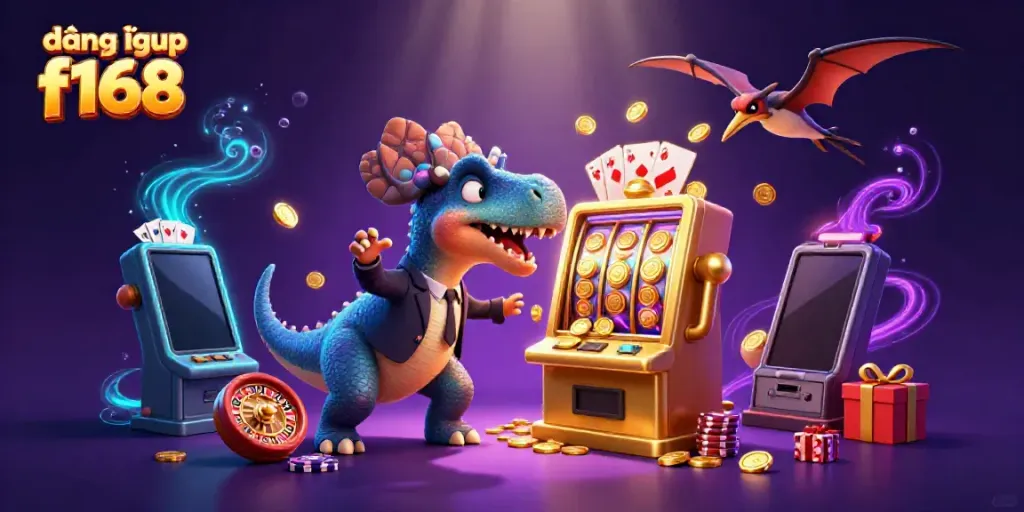 Experience exciting wins with đăng nhập f168 as a pachycephalosaurus engages a glowing slot machine.