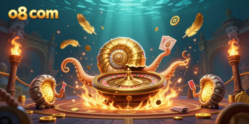 Experience thrilling gameplay with o8 com's vibrant casino scene featuring a glowing nautilus roulette wheel and dynamic card play.