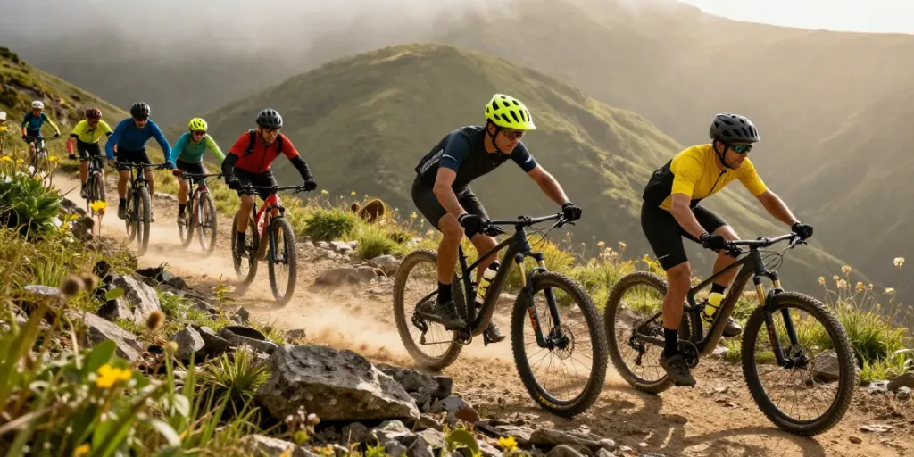 Mountain bikers racing down a trail, showcasing top corridori in action