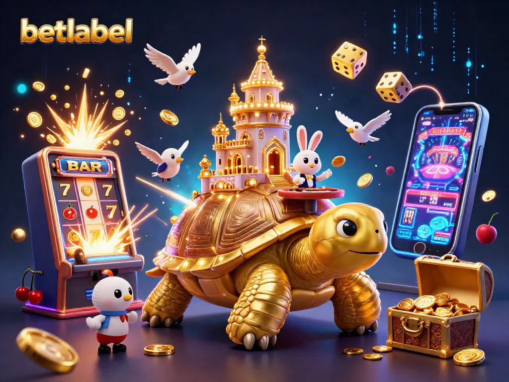 Engage with betlabel's thrilling casino experience, featuring a vibrant 3D illustration of a golden tortoise and a rabbit dealer.