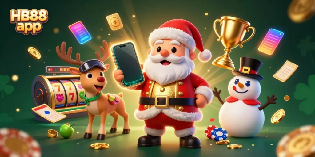 Engage with the HB88 app through a vibrant 3D casino scene featuring a friendly Santa character and lively gameplay elements.
