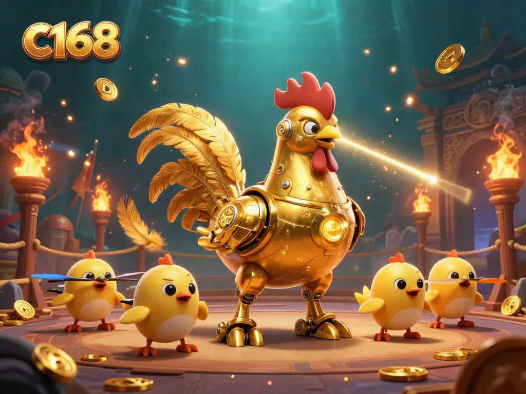 Engage with the vibrant world of c168, featuring a dazzling golden rooster robot and baby chick drones amidst a dynamic casino scene.