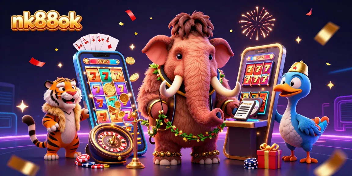 nk88ok engages players with a vibrant casino atmosphere featuring a woolly mammoth bouncer and exciting game elements.