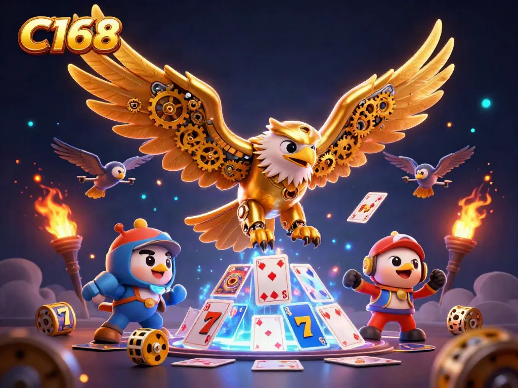 Experience dynamic gaming vibes with C168 in this vibrant 3D illustration of a golden eagle and slot elements.