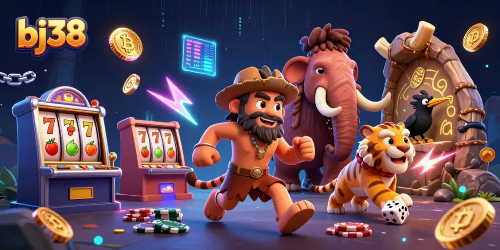 bj38 offers thrilling slot machine action with a prehistoric duo and neon cryptocurrency elements.