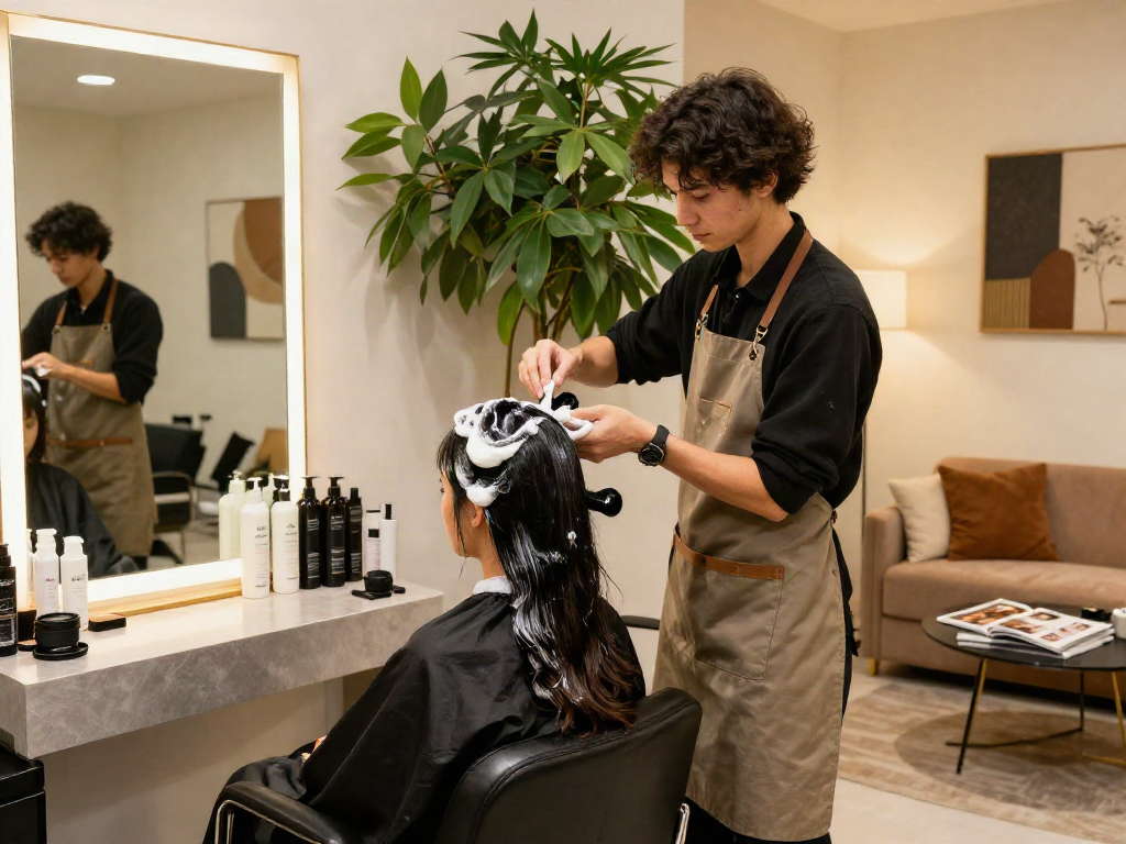 Stylish hair salon scene at https://carbonegroupparrucchieri.it/ with a stylist coloring hair, modern decor, and warm lighting.