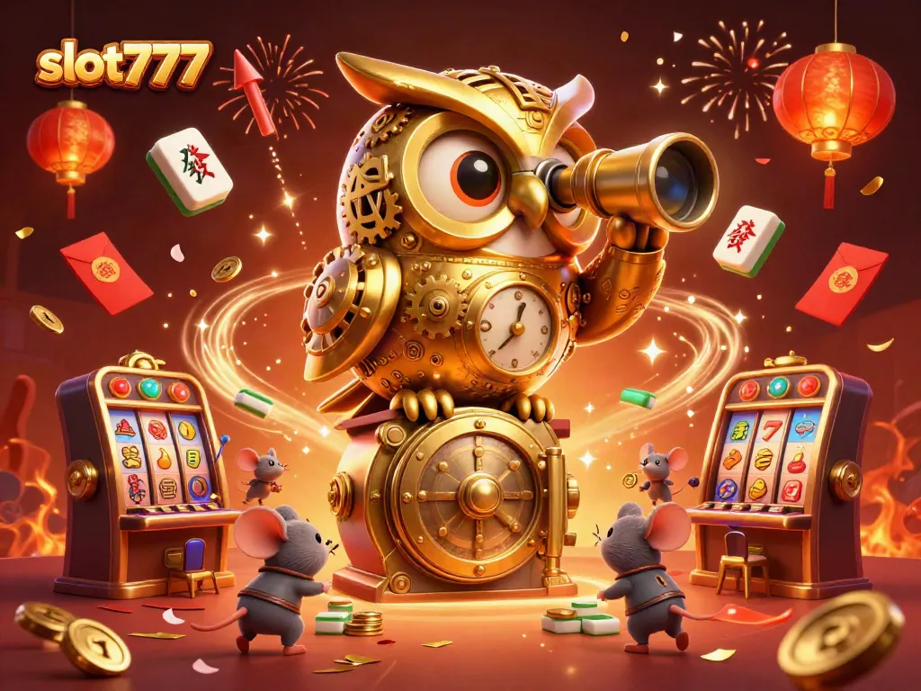Spin to win at slot777 with vibrant 3D characters and casino elements, featuring a golden owl and dynamic slot scenes.