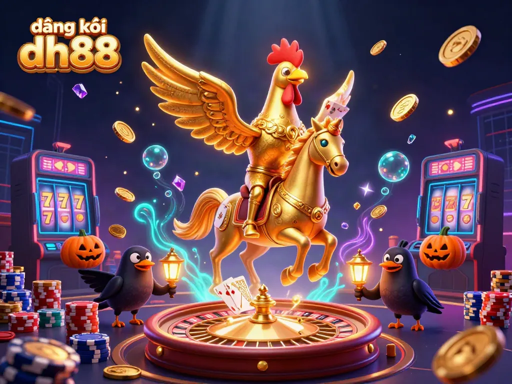 Experience the excitement of đăng ký dh88 with immersive casino scenes featuring golden rooster characters and dazzling game elements.
