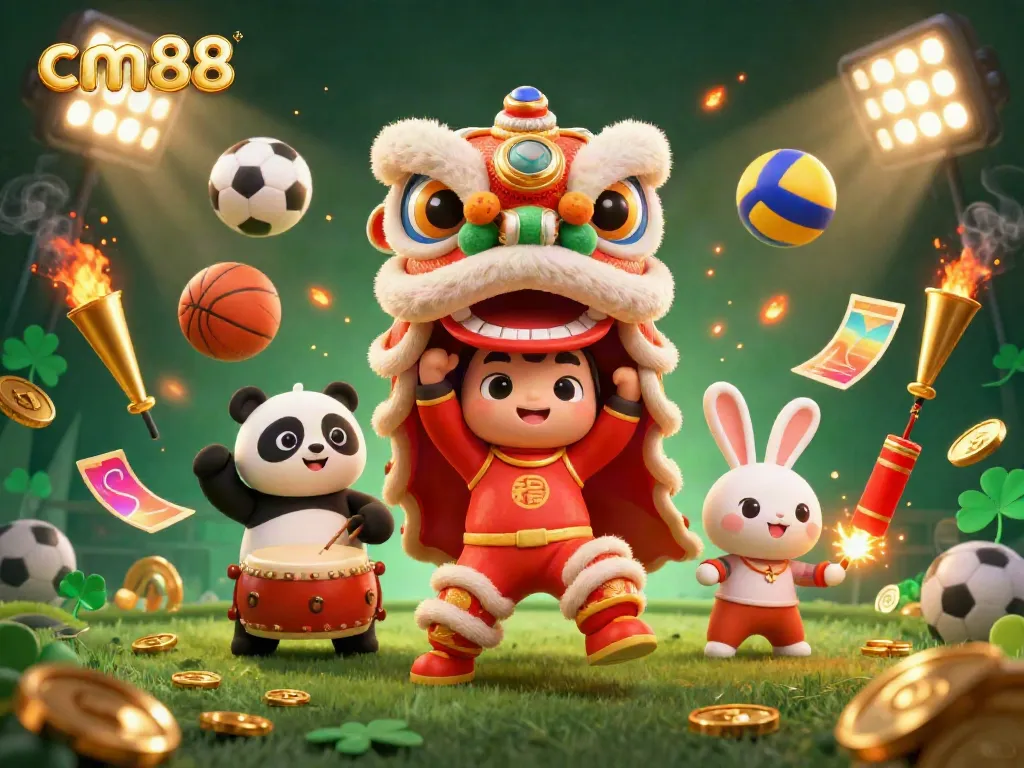 Experience the excitement of cm88 with a vibrant 3D illustration showcasing an energetic lion dance alongside sports elements and golden decor.