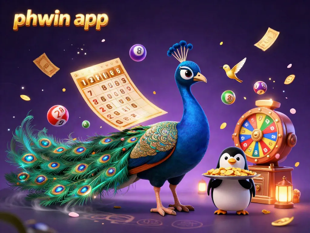 Experience the thrill of the phwin app with vibrant casino visuals, featuring a peacock and penguin in a dynamic gaming scene.