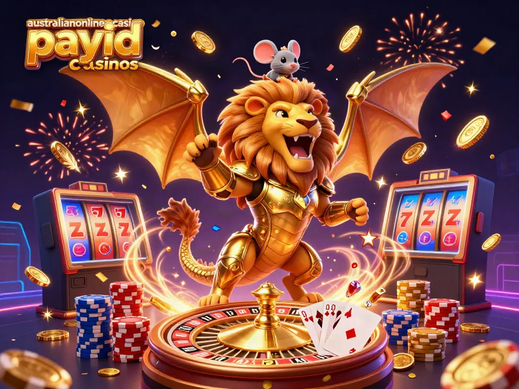 Engaging scene of australianonlinecasino payid casinos illustrated with a chimera and dynamic casino elements.