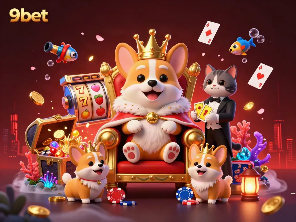 Join the fun at 9bet with this royal corgi and cat butler in a lively casino scene.