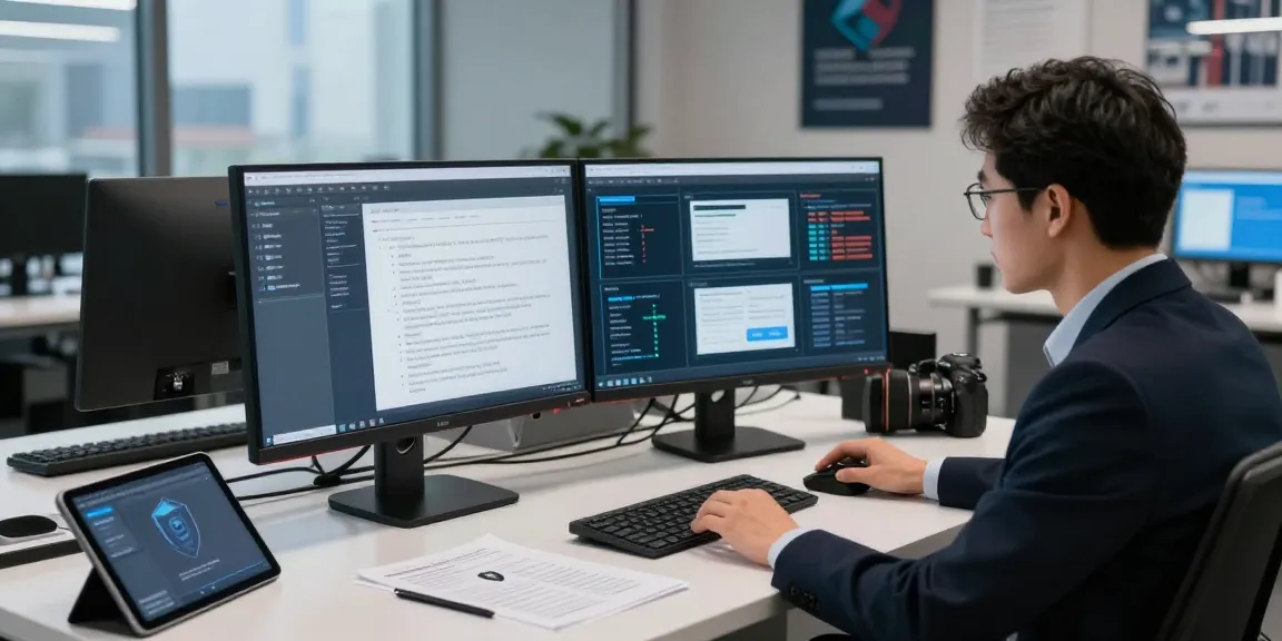 Document fraud detection tools showcase cybersecurity analyst in a modern workspace.