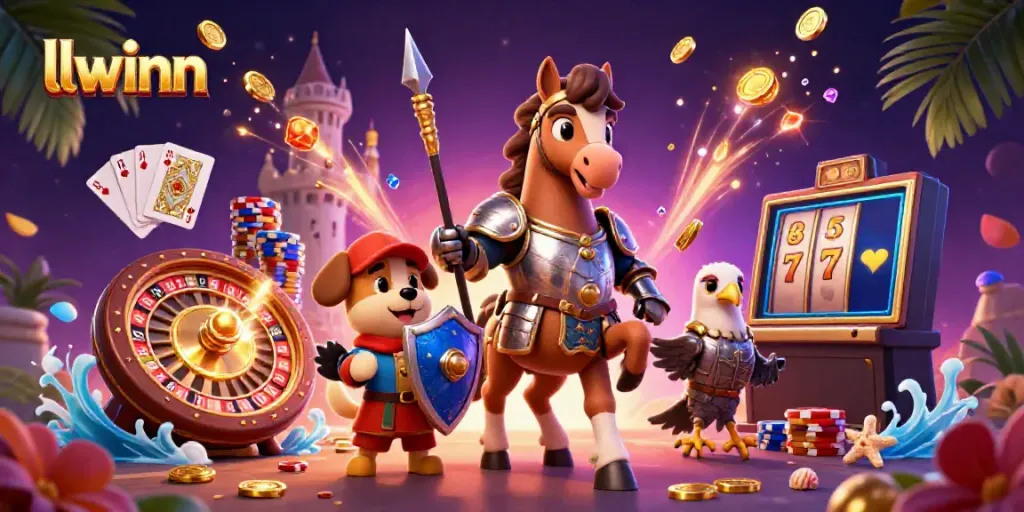 llwinn presents a vibrant casino scene with a medieval knight, a puppy squire, and a falcon amid coins and cards.