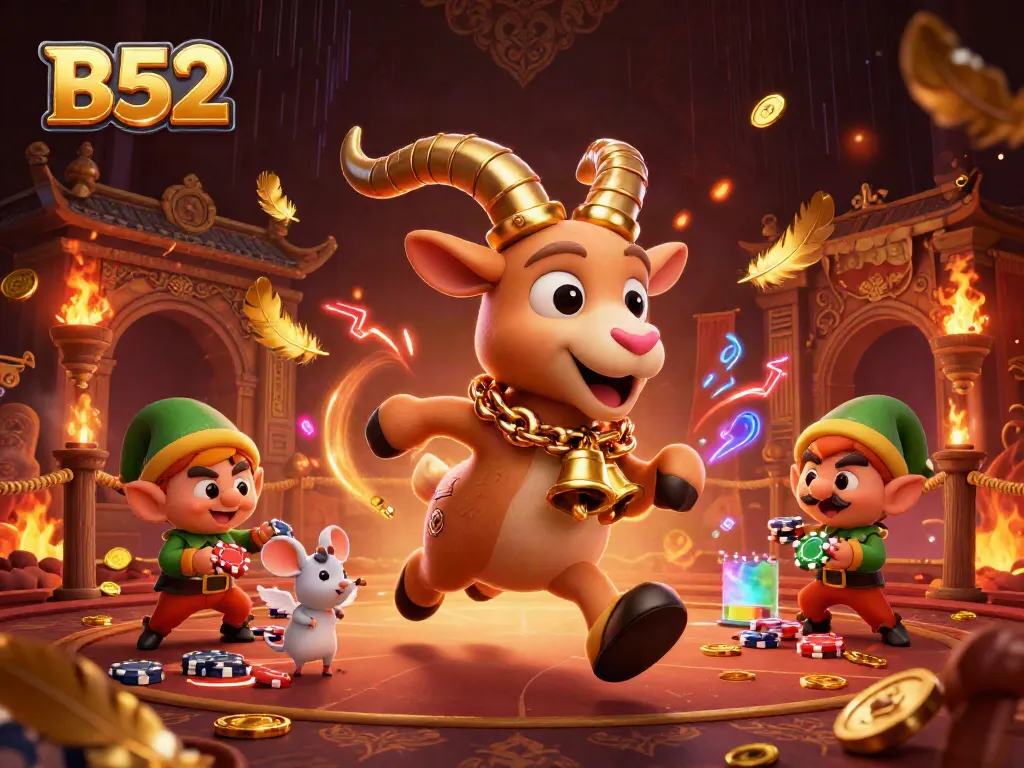 B52 casino scene with Krampus, an angel mouse, and elf gremlins amidst festive chaos.