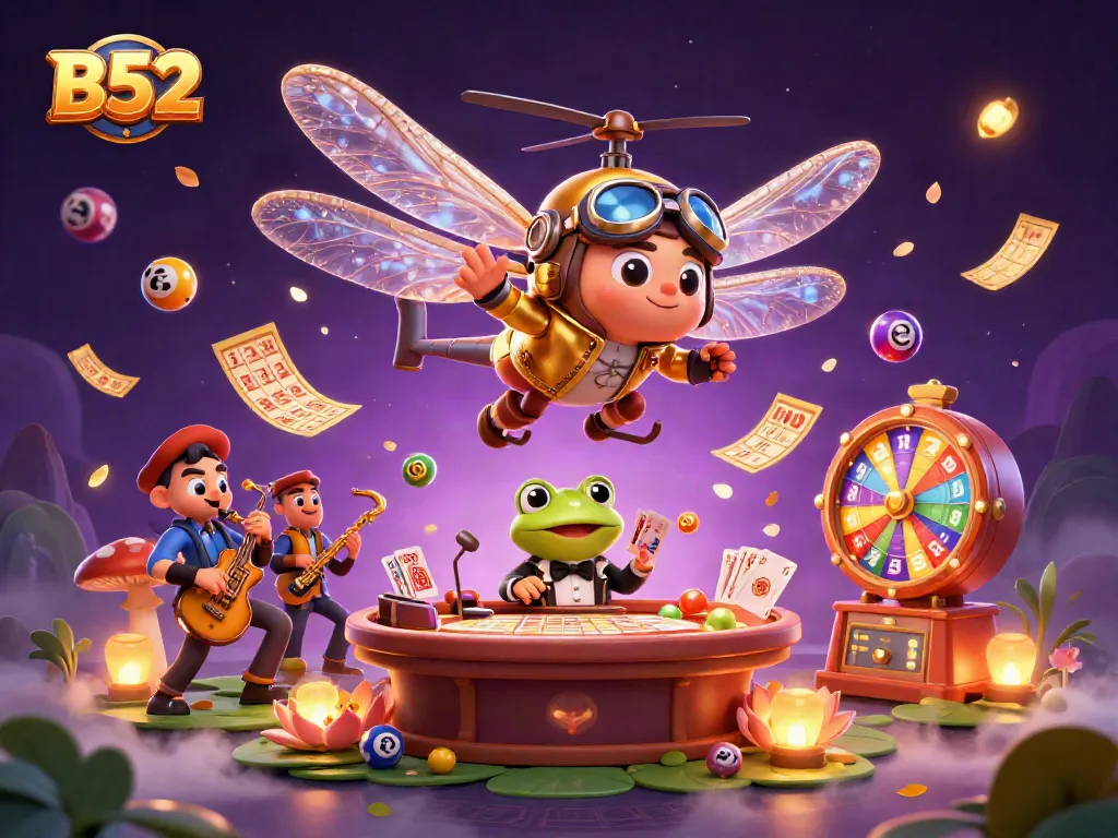 Win big at B52 with a vibrant casino scene featuring colorful elements and engaging characters.