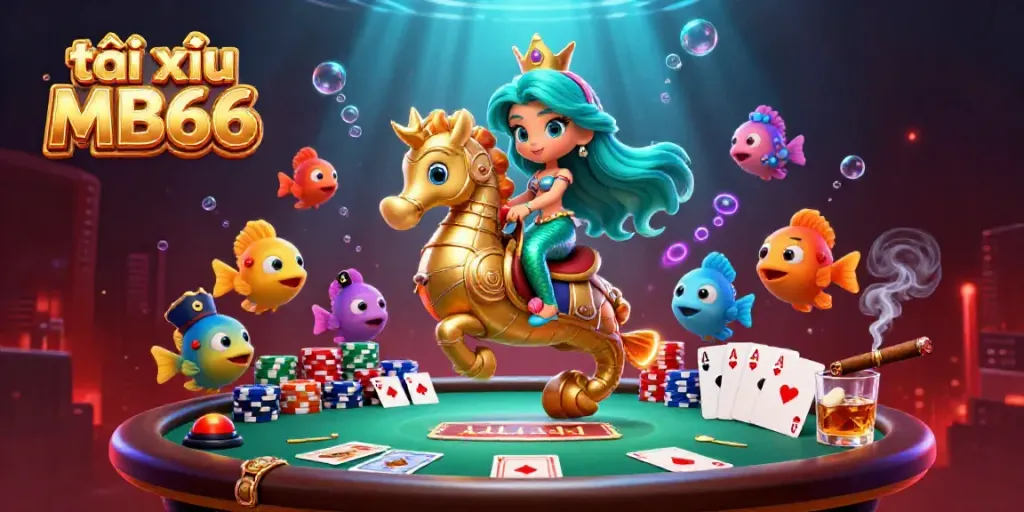 Players enjoy the vibrant scene of tài xỉu MB66 with a mermaid and seahorse amidst colorful poker elements.