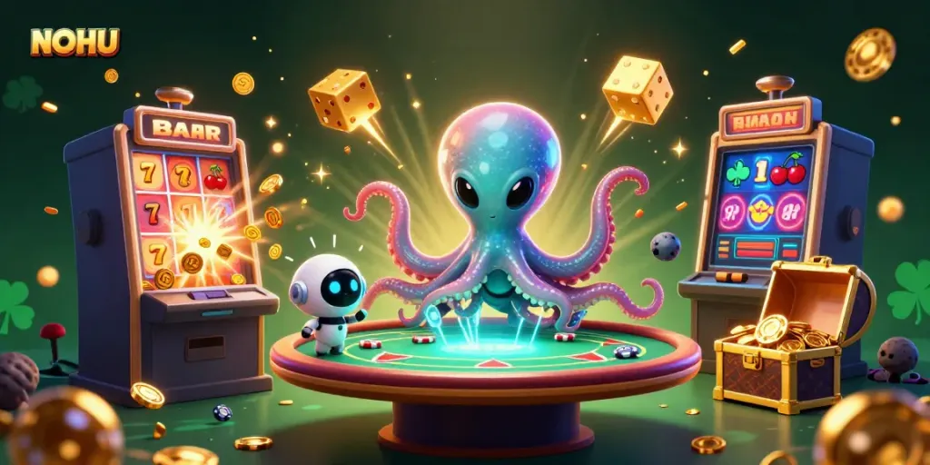 Experience jackpot thrill with NOHU's vibrant alien-themed casino scene featuring energetic gameplay.