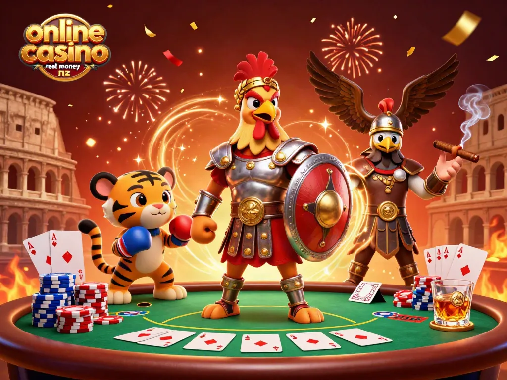 Engage with thrilling games at online casino real money nz featuring a dynamic illustration of a gladiator rooster.