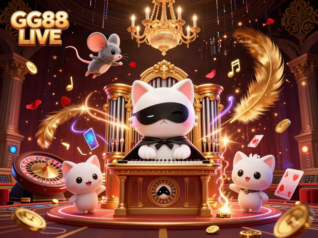 Engage in thrilling gameplay at GG88 LIVE with a magician cat and acrobatic mouse in a vibrant casino setting.