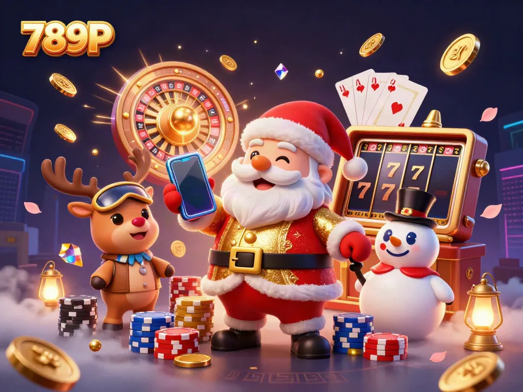 Experience the excitement of 789P with Santa, reindeer, and a snowman in a vibrant casino setting.