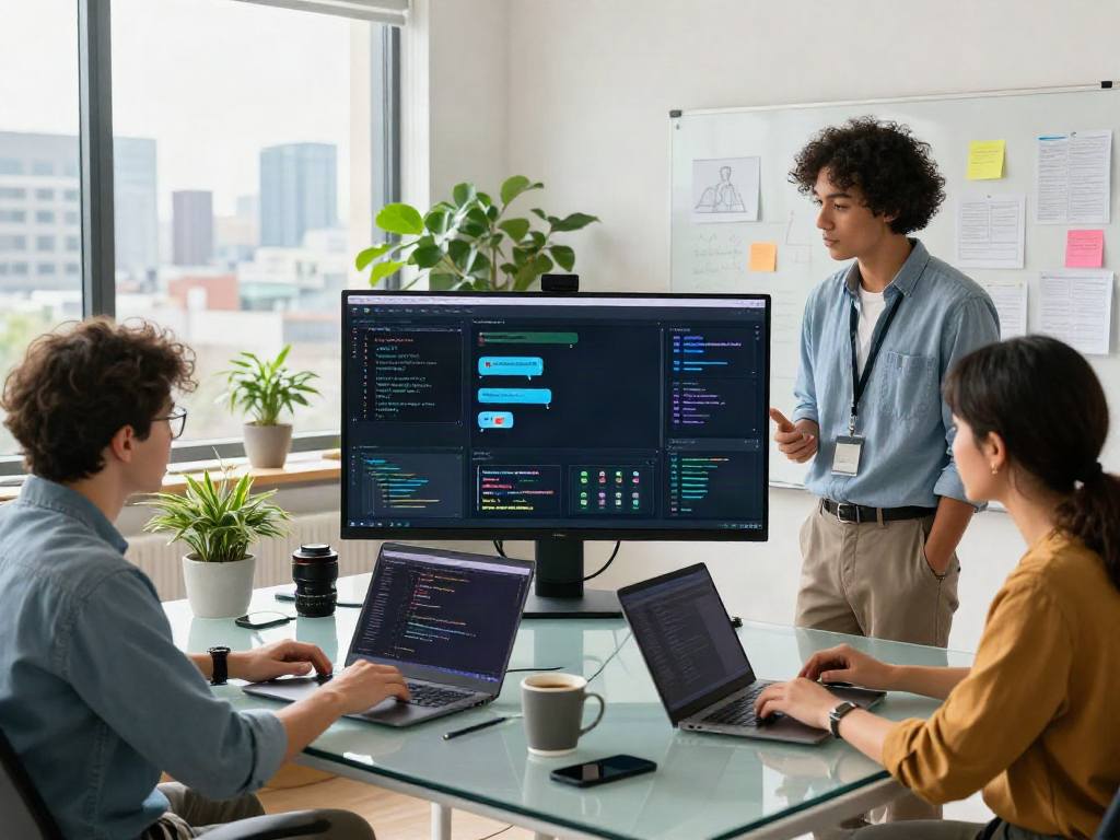 Team collaborating on spicy chat AI in a modern tech workspace filled with interactive displays and natural light.