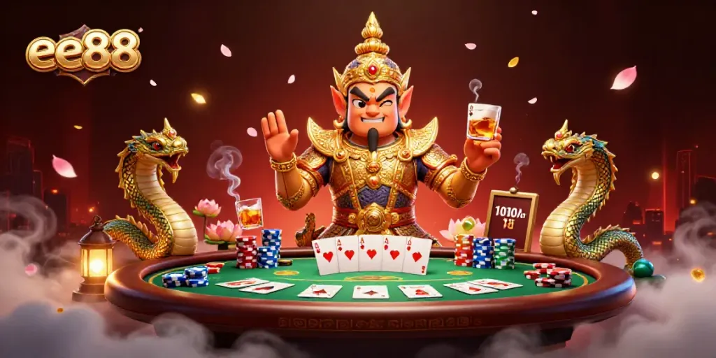 Engage in thrilling poker action with ee88, featuring a guardian and Naga serpent in an ornate casino scene.