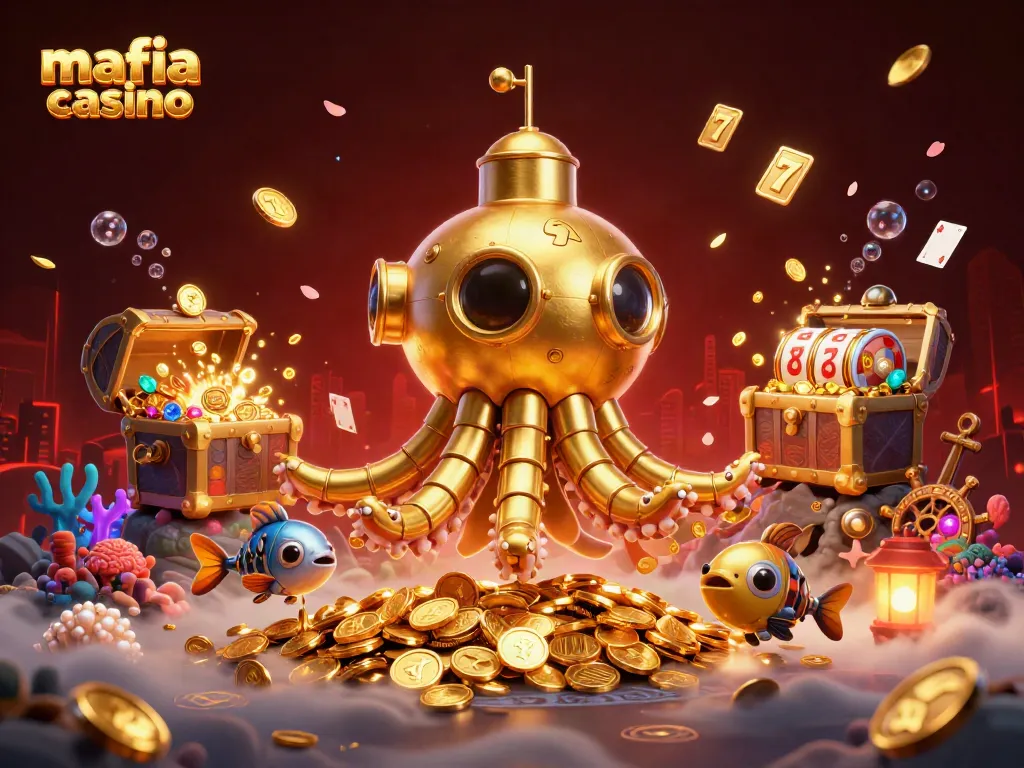Mafia casino illustration featuring a golden kraken submarine amidst a sea of coins and slot reels, highlighting engaging underwater treasures.