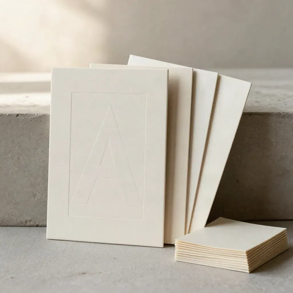 Placca monogramma cieca con card e campioni carta avorio in luce morbida