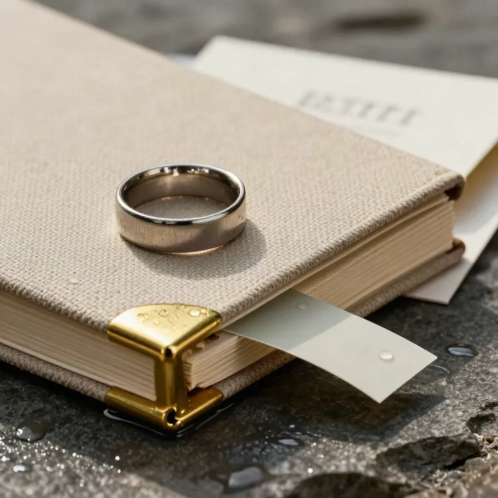 Manuale brand in tela su pietra bagnata, con anello campioni e striscia colori sage.