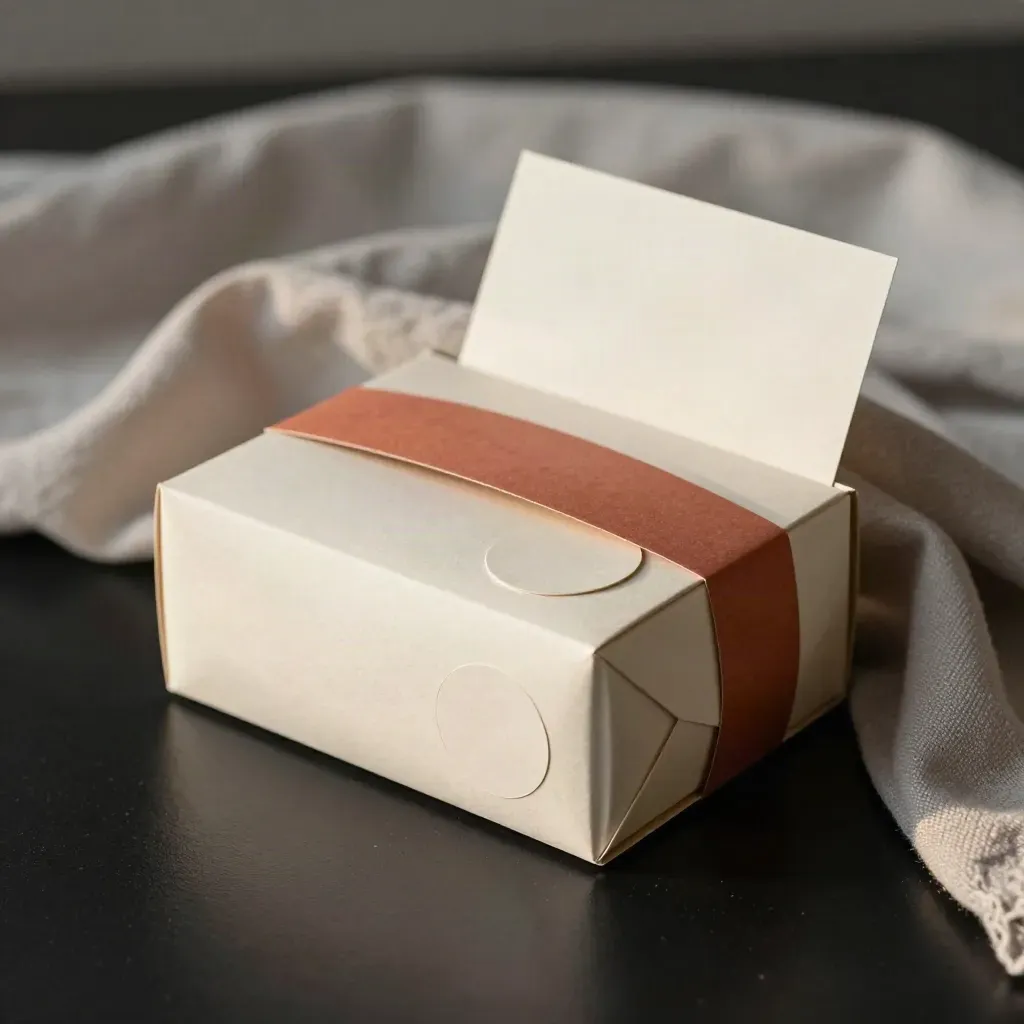 Mockup packaging boutique su fondo nero con tessuto morbido, carta velina e sigilli terracotta.