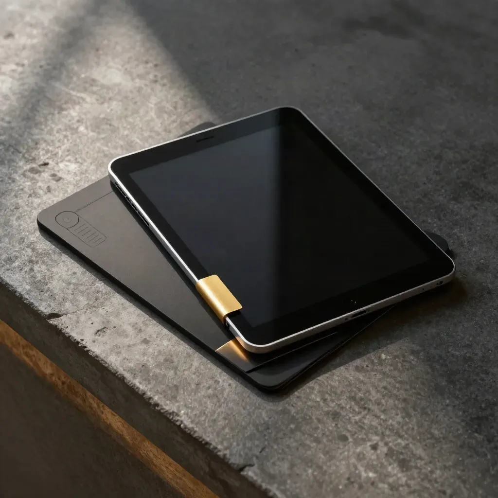 Kit controllo immagine con tablet spento, card audit e tavola piegata su cemento scuro.