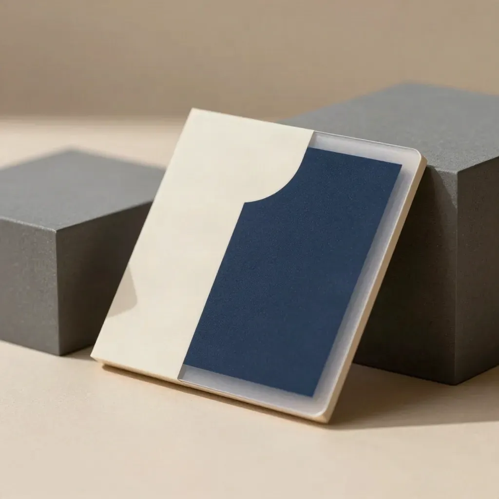 Kit social sospeso tra blocchi opachi con card quadrate e dettagli navy.
