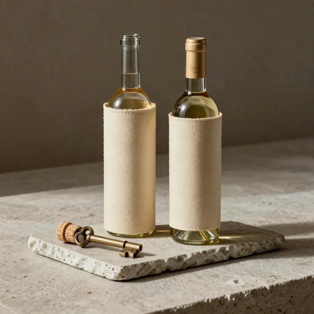 Due etichette vino in vetro opaco su pietra, in una cantina scura e drammatica.