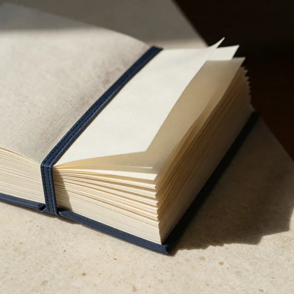 Manuale marchio in lino aperto con elastico navy e campioni sottili su travertino.