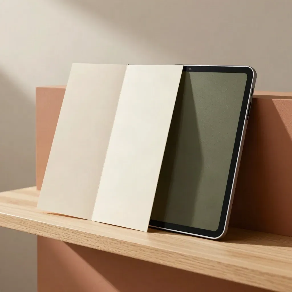 Tavola piegata, card e tablet spento su base terracotta, in luce soffusa e atmosfera delicata.