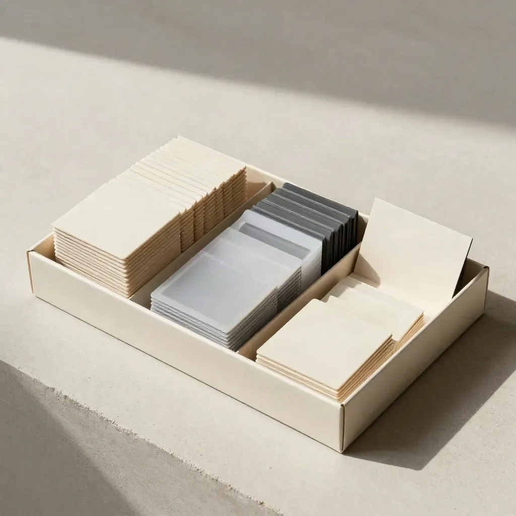 Flat lay di un kit Instagram con scatola bassa, sleeve trasparenti e divisori su pietra chiara.