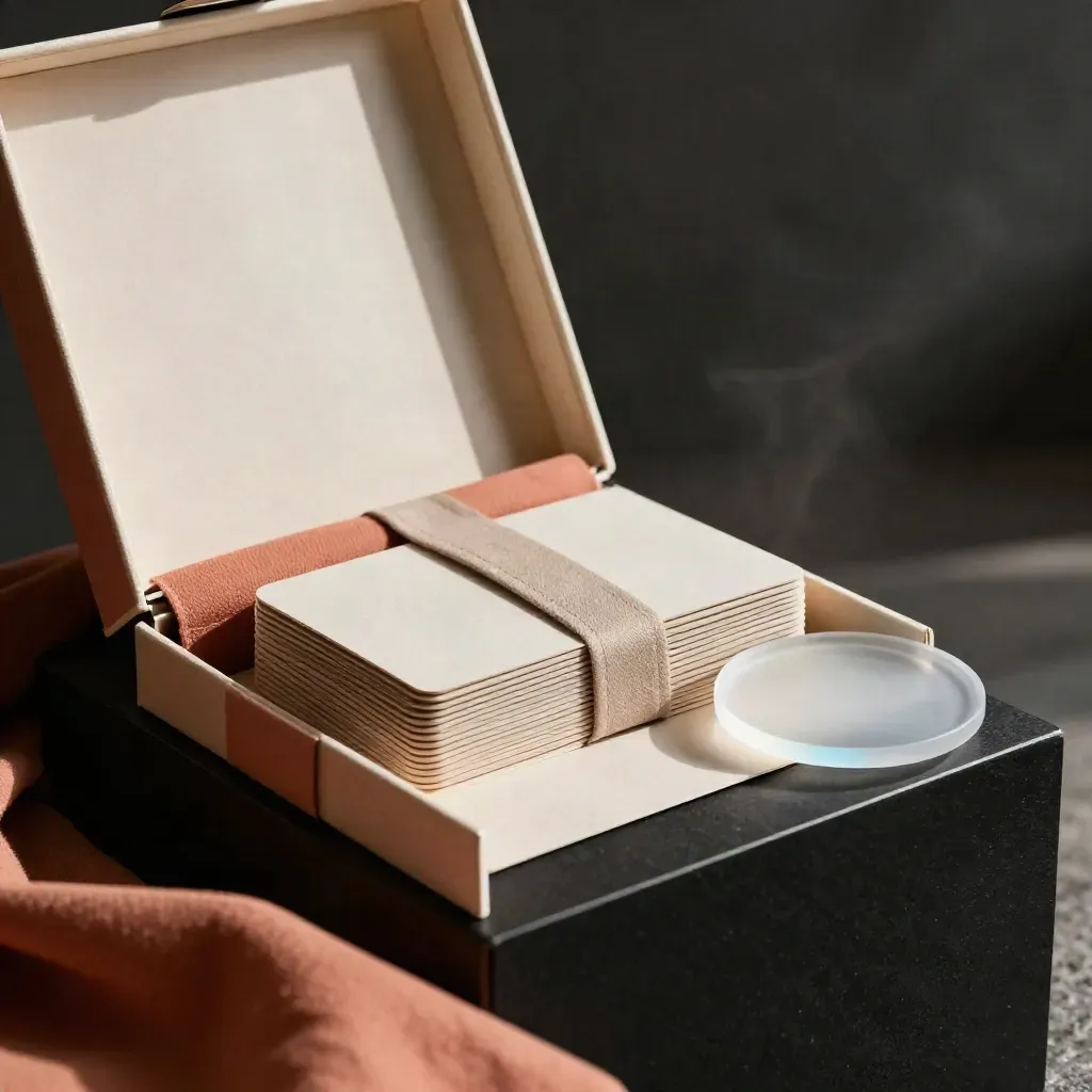 Kit identità boutique aperto con card, fascia in tessuto e lastra acrilica su fondo scuro.