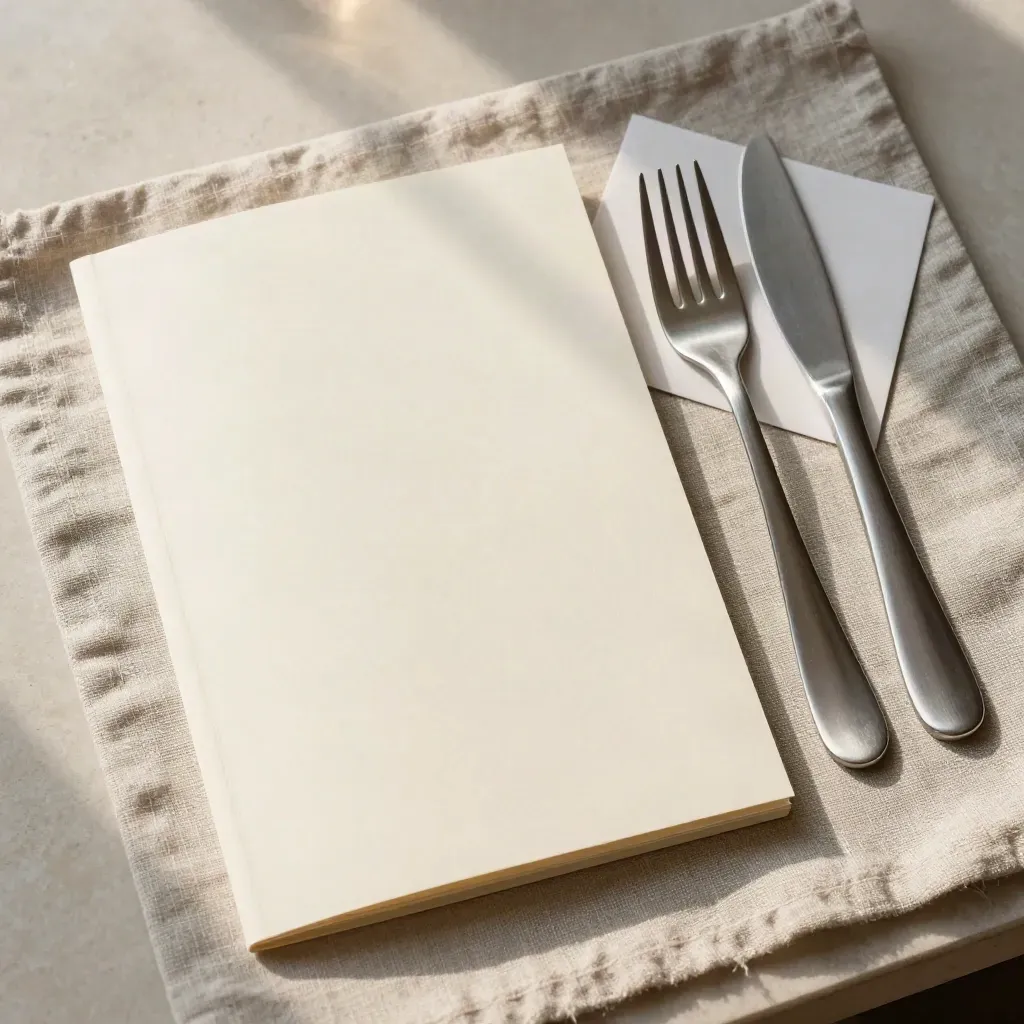 Menù bistrot pieghevole, tovaglietta in lino e posate in acciaio su pietra chiara.