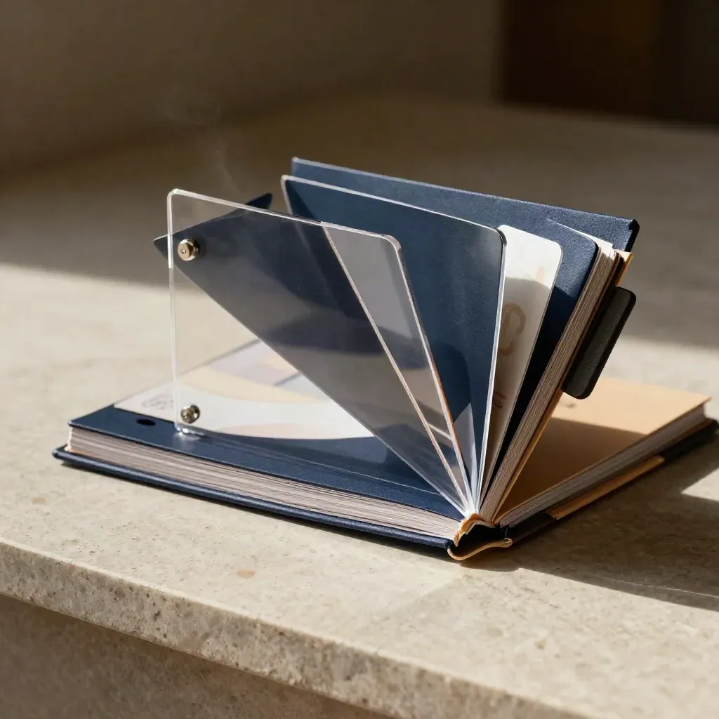 Deck investitori navy con divisori in acetato su lastra chiara, luce morbida.