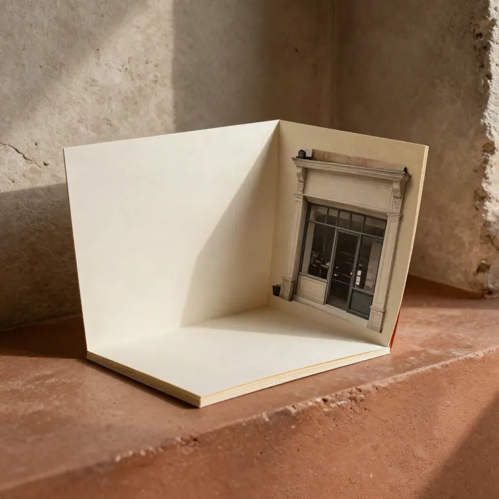 Libretto pieghevole, card minimale e mockup vetrina su base terracotta in luce morbida