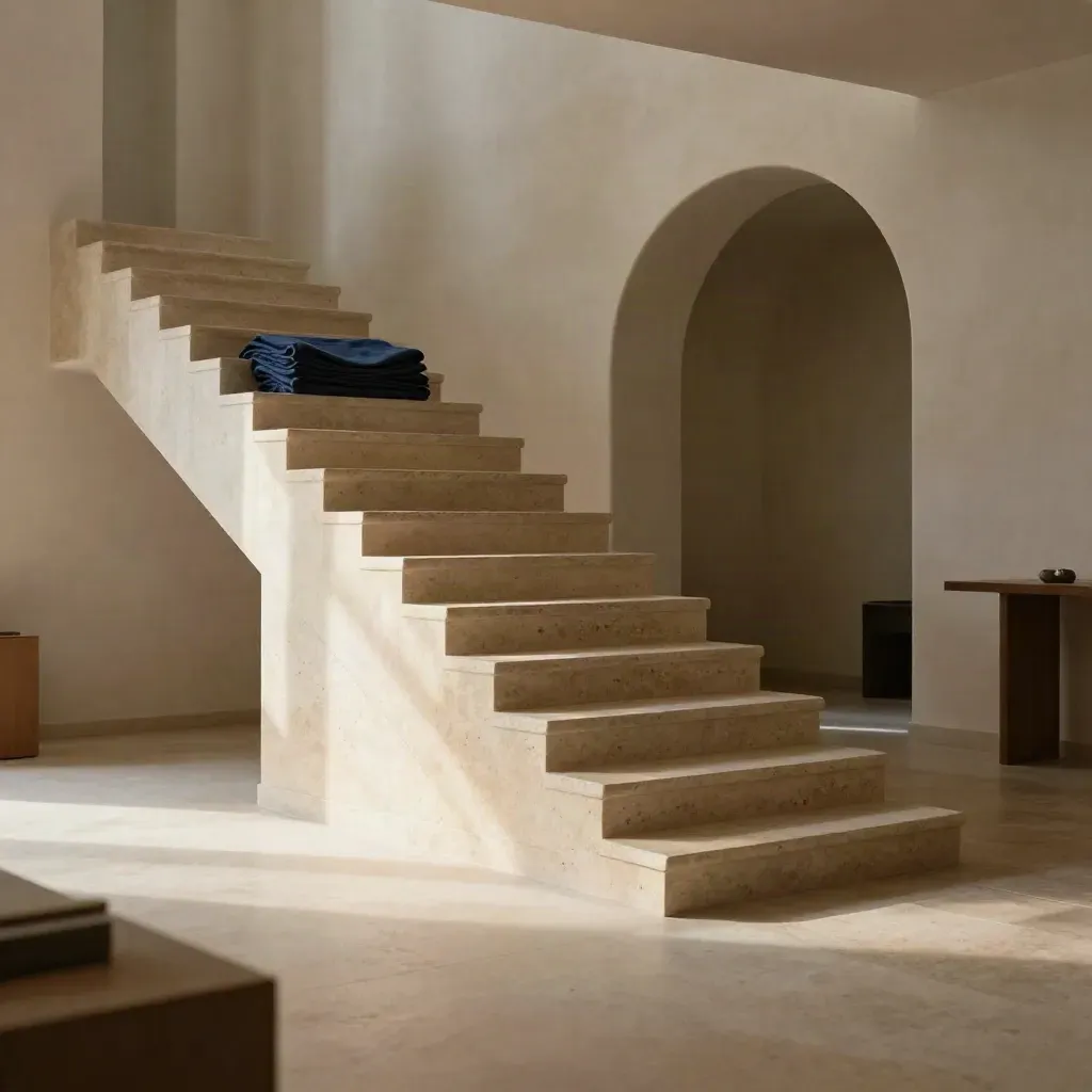 Scaletta in travertino con arco lontano e luce mattutina in atelier