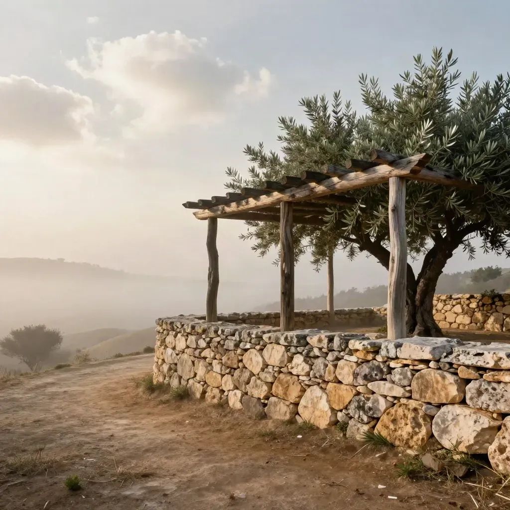 Pergola in legno e muro di pietra tra rami d’ulivo, dopo la pioggia nel tardo pomeriggio.