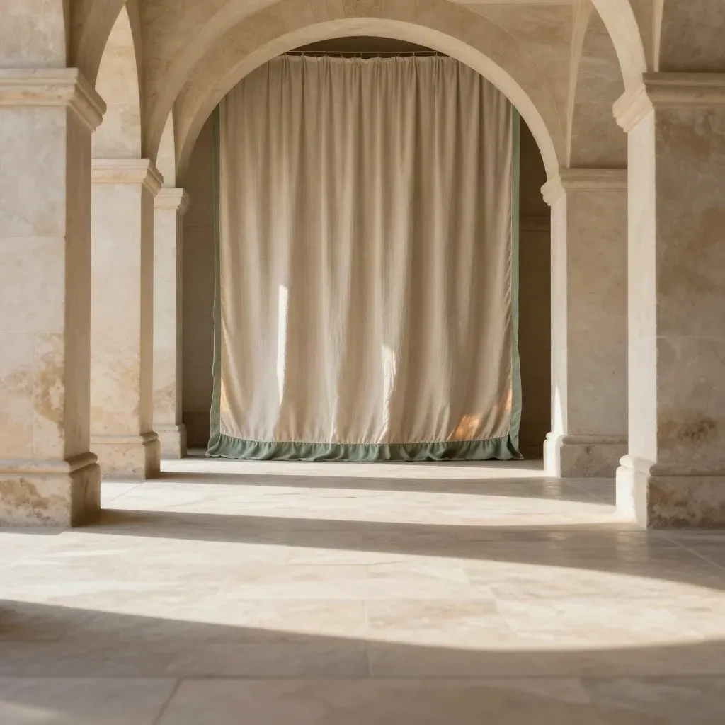 Portico ad arco in pietra con tende di lino, luce bassa e polvere dorata.